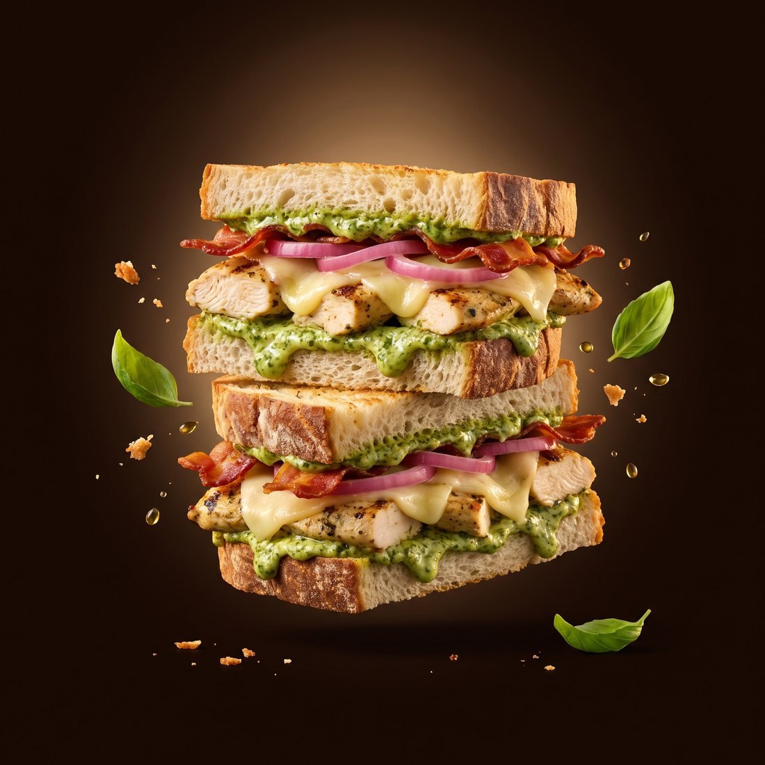 Emparedado de pollo al pesto en pan rústico, cortado por la mitad